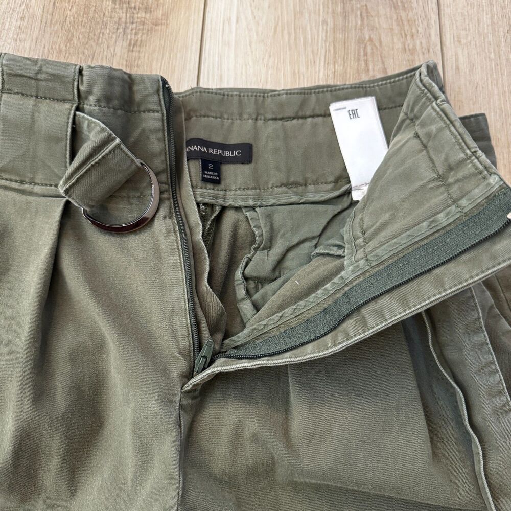 Banana Republic Olive Green Barrel Leg Crop Twill Belted Paper Bag High Waist 2 - Picture 8 of 16